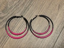 Black  Pink Enamel Metal Tapered Hoop Pierced Earrings Vintage