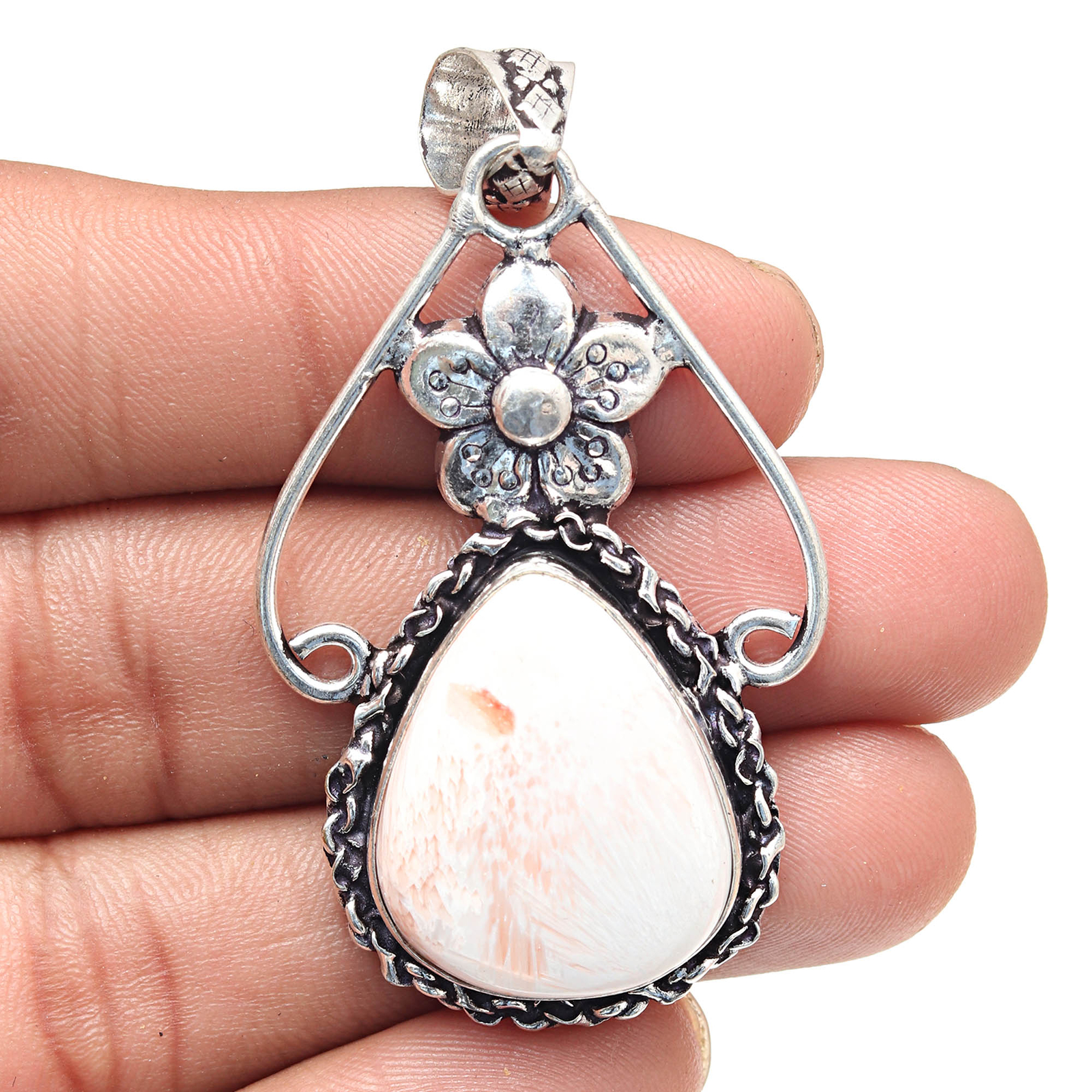 Scolecite Shell Gemstone Pendant Handmade Silver Jewelry Gift For Her 2.25 Inch
