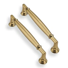 2 Pack 5 Inch Hole Center Brushed Brass Cabinet Pulls Solid Satin Brass Cabin...