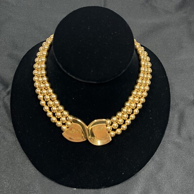 Vtg 80s Napier Triple Strand Gold Bead Statement Necklace Bib Collar Choker Read