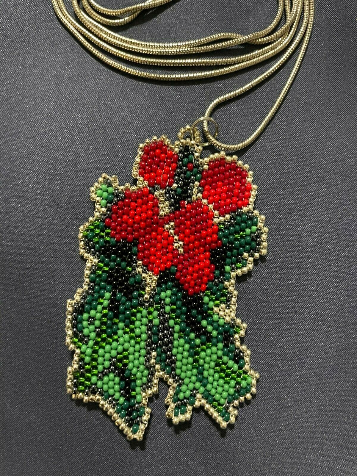 Holly Tree Brick Stitch Seed Beads Pendant with Chain Gift Jewelry