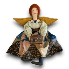 Fabric Folk Art Angel Doll Bless Home Sibert Log Cabin Guardian Recycled Quilt