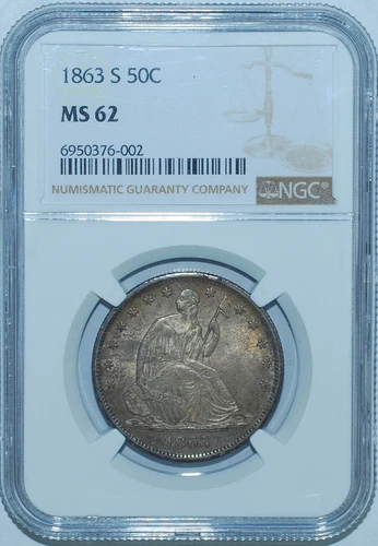 1863 S NGC MS62 WB-102 Broken S Seated Liberty Half Dollar