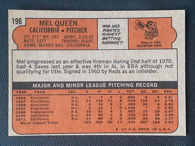 MEL QUEEN 1972 TOPPS 72 NO 196 EX+ 62140 | eBay