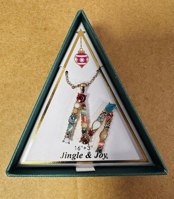 NIB! JINGLE & JOY  M  Monogram Multi Gem Stone Gold Necklace/Pendent Gift Set