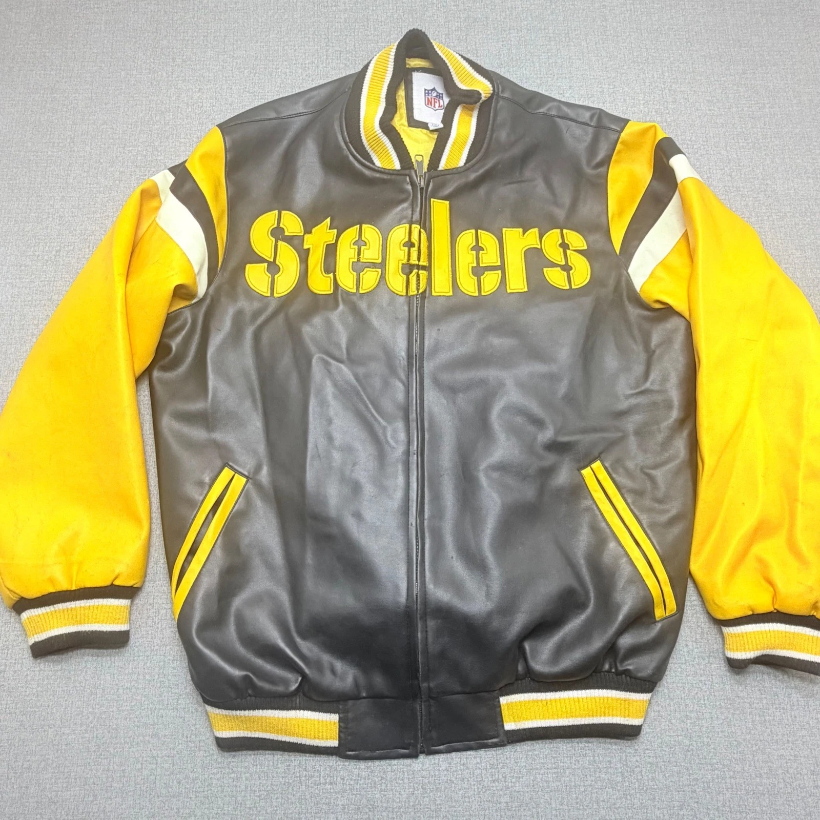 NFL Pittsburgh Steelers Faux Leather Varsity Jacket Mens Large Black Yellow - product detail image 1