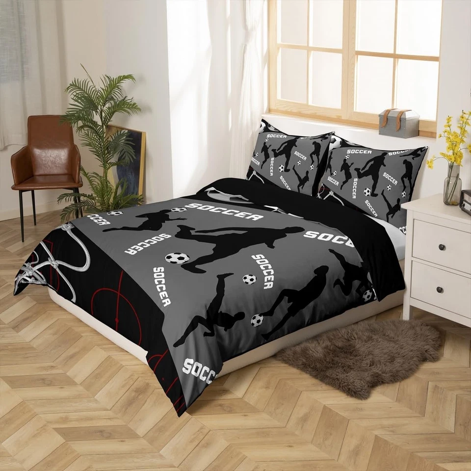 Funda nórdica de fútbol para niños adolescentes, juego de cama gris y negro tamaño completo, fútbol... Foto 2 de 4