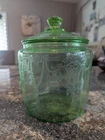 Anchor Hocking Green Depression Glass Cameo (Ballerina) Lidded Biscuit Jar
