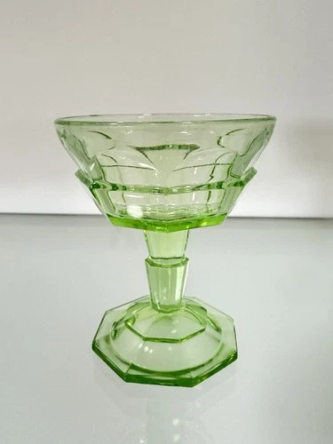 Indiana TEA ROOM depression glass UV uranium green footed champagne sherbet