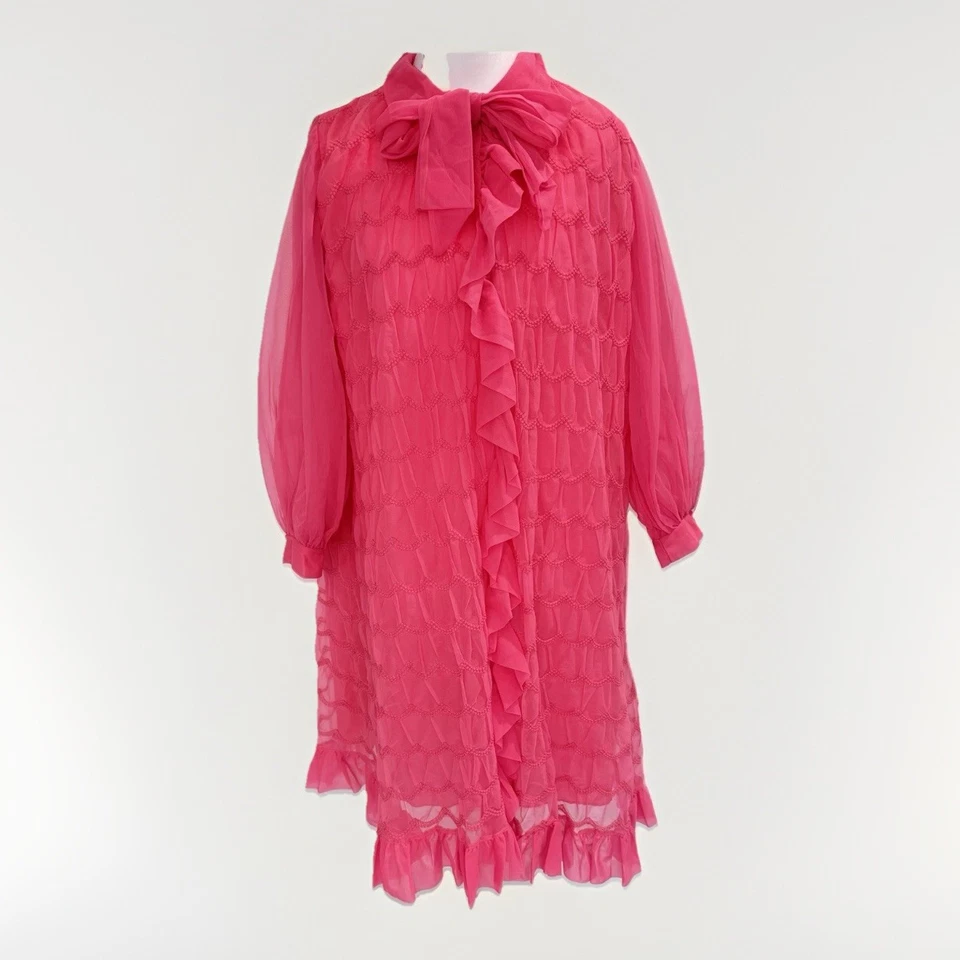 Odette Barsa Vintage Pink Chiffon Ruffle Peignoir Robe Bow Neck Glam 60s Retro - Image 2 of 4