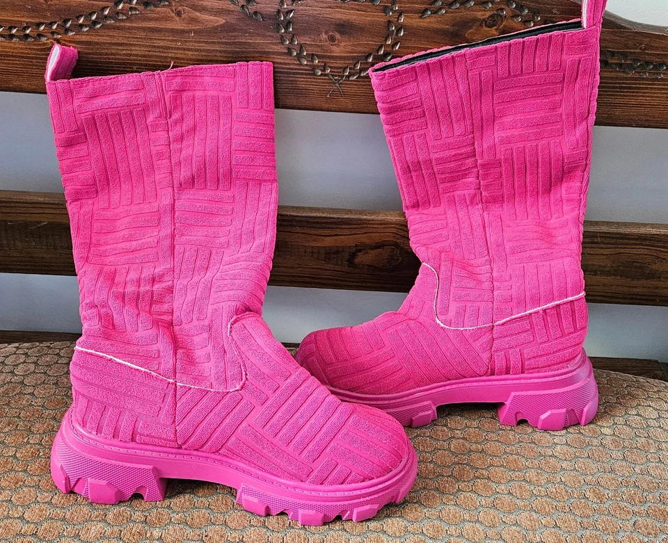 Mujer Botas Hasta la Rodilla Tacón Grueso Toalla Algodón Rosa Caliente Talla 7 EE. UU. / 38 UK Foto 4 de 4