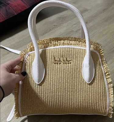 Nicole Miller Small Top Handle Bag Beige/White Fringe Zip Detachable Strap