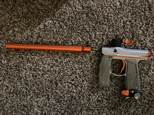 Empire Mini GS Paintball Gun Electronic Marker, 2pc Barrel, Dust Silver/Orange