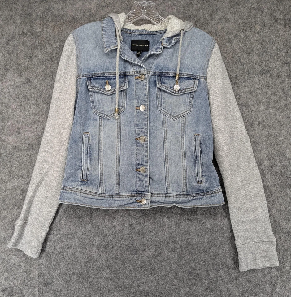 Chaqueta Silver Jeans Co Para Mujer Grande Azul Denim Con Capucha Gris Tejido Mangas Informal Foto 2 de 4