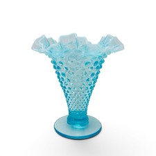 Vintage Fenton Glass Aqua Blue Opalescent Hobnail Ruffled Vase 7 7/8