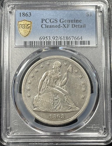 1863 Seated Liberty Dollar $1 PCGS XF Details Cleaned