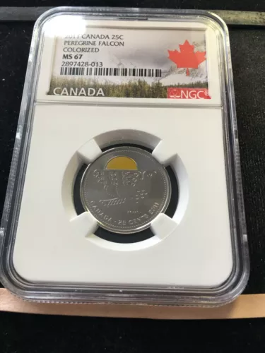 2011  Peregrine Falcon, NGC Graded Canadian  ¢25 Cent, **MS-67 Coloured** Box 7