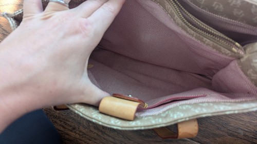 Dooney And Bourke Monogram Satchel Top Handbag Cream Tan Cloth Pink Interior - Picture 13 of 16
