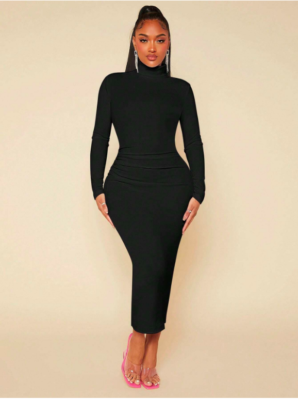 Black SXY Solid High Neck Bodycon Dress Sz XS S M L | eBay