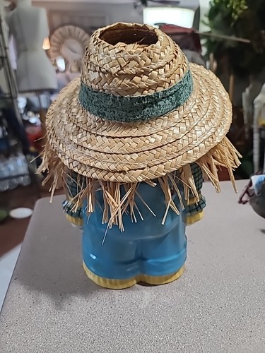 Vintage Fall Scarecrow Large Cookie Jar Straw Hair Thanksgiving Decor 12" - Picture 6 of 11