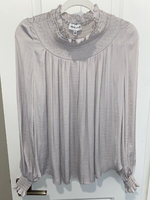 Gibson Latimer Blouse SMALL Smocked Ruffle Neck Flowy Long Sleeve Stone Gray NEW