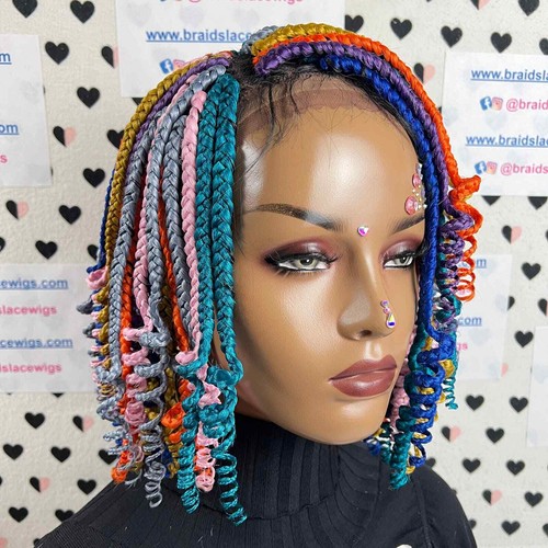 Multicolor Box Braids Short Curls Curly Braided Lace Front Wig For Black Women - Picture 7 of 10