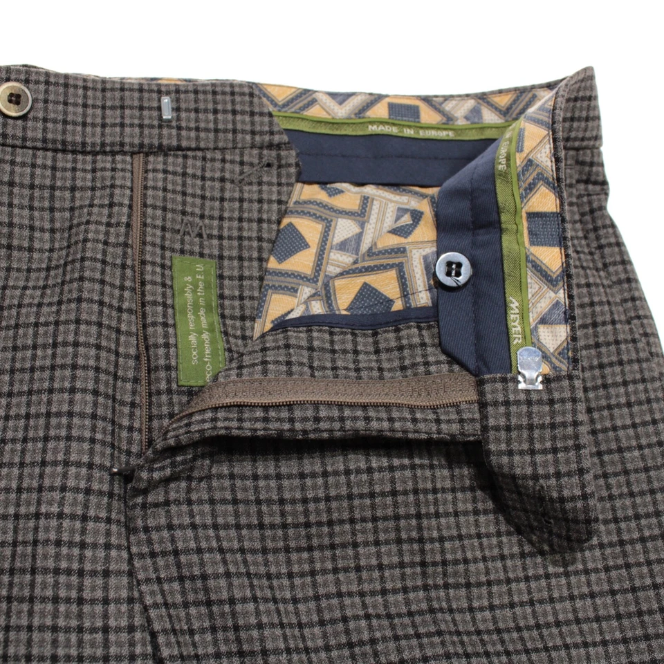 Meyer 全新带标签平底正装裤子 50 34 码美国波恩灰色棕色格子羊毛混纺 — 第 3/4 张图片