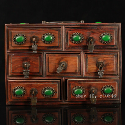8'' China Old collection Rosewood Handmade mosaic Gemstone Portable cabinet