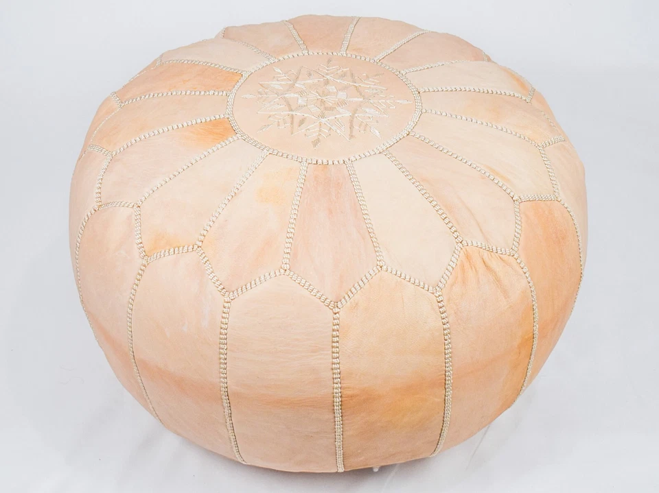 Cream Moroccan Leather Pouf – Handmade Ottoman Footstool – Genuine Leather Boho - Image 3 of 4