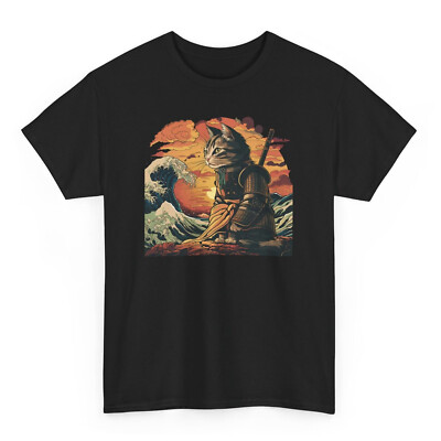 Japanese Samurai Cat T-shirt - Retro Hokusai Great Wave Graphic Tee