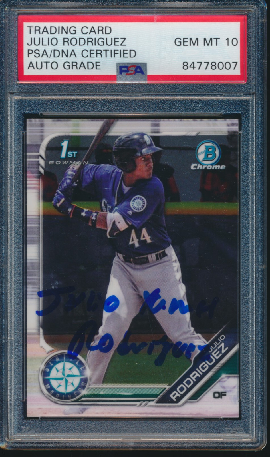 PSA 10 AUTO GRADE JULIO RODRIGUEZ 1st 2019 Bowman Chrome FULL NAME RC GEM MINT