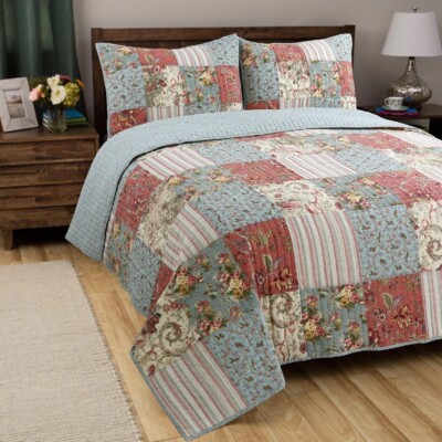 Quilt Set Queen Floral Patchwork Blue Beige Coral Cotton Reversible Bedding