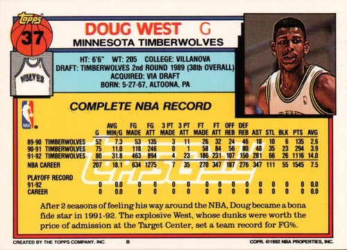 1992-93 Topps Gold #37 - Doug West - Minnesota Timberwolves 92-626 - Picture 2 of 2
