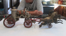 Antique 1800s - Large Cast Iron FIRE WAGON Pulled by 3 HORSES - BELL PULL TOY