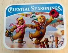 Celestial seasonings, Gingerbread couple Skating Blue tea , Tin EUC