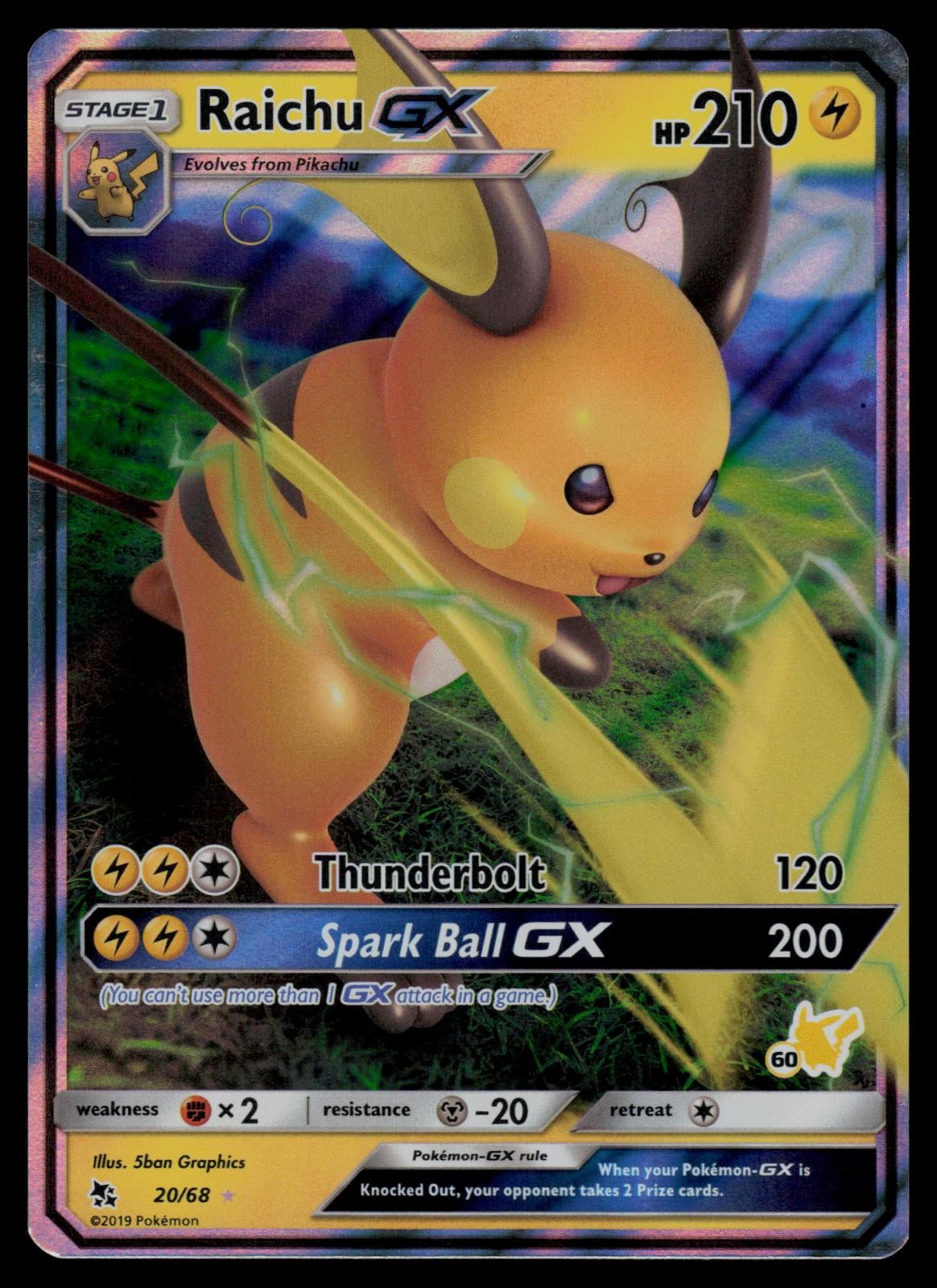 Raichu GX 20/68 Holo GX Rare Hidden Fates Pokemon Lightly Played