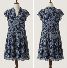 Eliza J Size 8 Navy Blue Floral Tiered Mini Dress Flutter Sleeve Pockets Ruffle