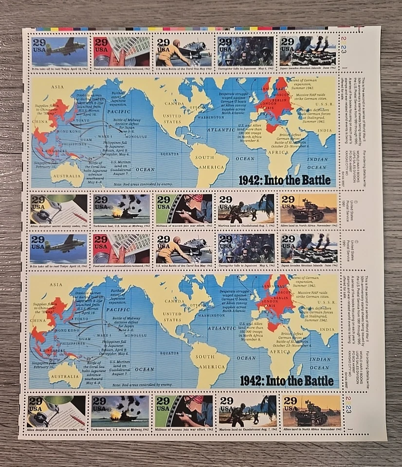 USPS WORLD WAR 11 AT WAR STAMPS  5 FULL SHEET SET MNH 1941 1942 1943 1944 1945 - Image 3 of 4