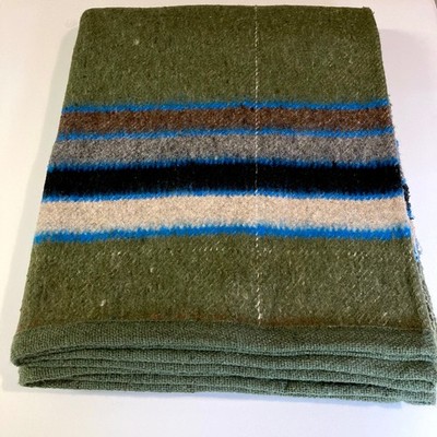 Large Size Green with Black Brown and Blue Stripes Sheep Wool Blanket Throw Used