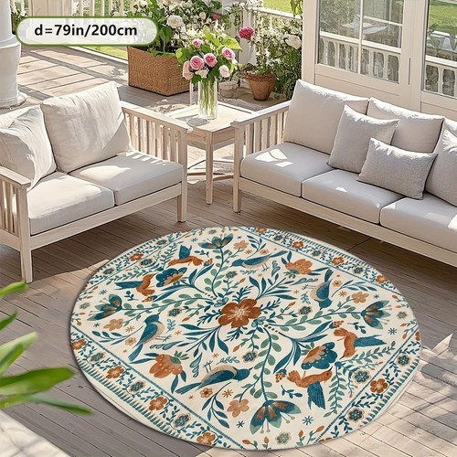 1pc of Vintage Green Floral And Bird Patterned Outdoor Round Rug Made ...