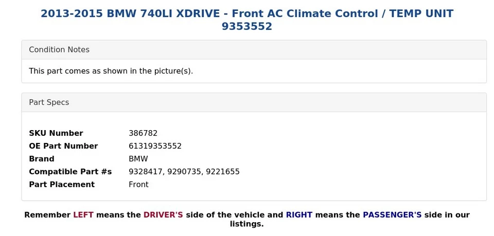 2013-2015 BMW 740LI XDRIVE - Front AC Climate Control / TEMP UNIT 9353552 - Image 4 of 4