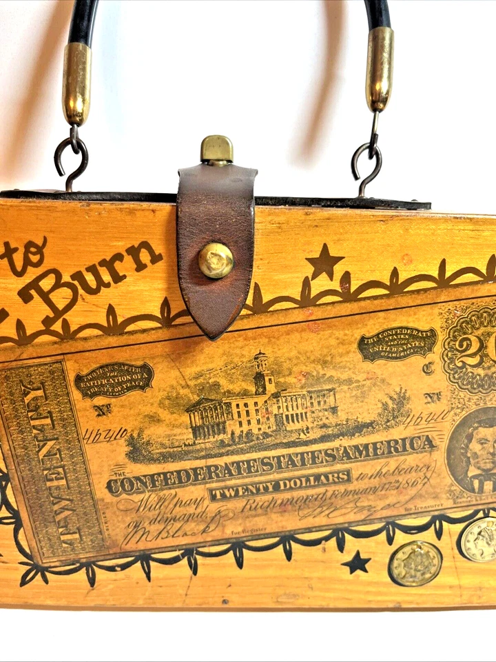 Bolso Caja Enid Collins "Dinero para Quemar" $ + Monedas ¡Muy DIVERTIDO! Bolso de mano de madera vintage Foto 4 de 4