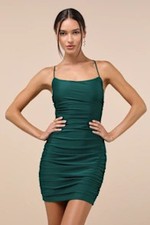 Lulus Women Confident Allure Ruched Lace-Up Bodycon Mini Dress Emerald Small