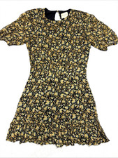 Sezane Paris Black Yellow Floral Viscose Short Sleeve Mini Ruffle Dress Size 36