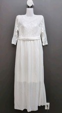 Round Neckline 3/4 Sleeve Tied Belt Flowy Lace Long Maxi Dress Small White