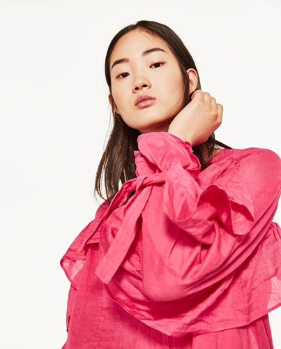 ZARA Ramie Bluse Langarm Rüschen & Schleife Rosa/Kobalt Neu (UVP 43€) Oberteil XS+; S+ - Bild 10 von 14