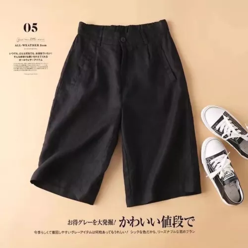 US L Womens Long Shorts Cotton Linen Knee Length with Pockets Lightweight Loose