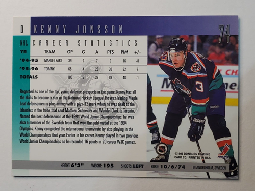 1996-97 Donruss #74 Kenny Jonsson ~ New York Islanders - Picture 2 of 2