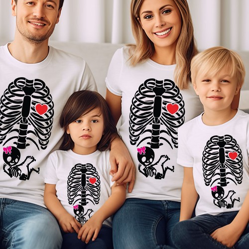 Halloween Schwangerschaft Ankündigung Baby Mädchen süß Skelett Familie T-Shirt #H - Bild 1 von 5