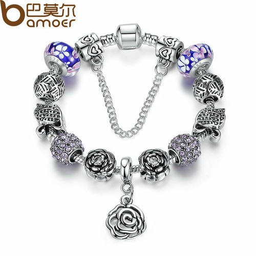 Silver Plated Alloy Bracelets With Heart CZ Charms Glass Beads Women Girls Diy - Picture 19 of 20
